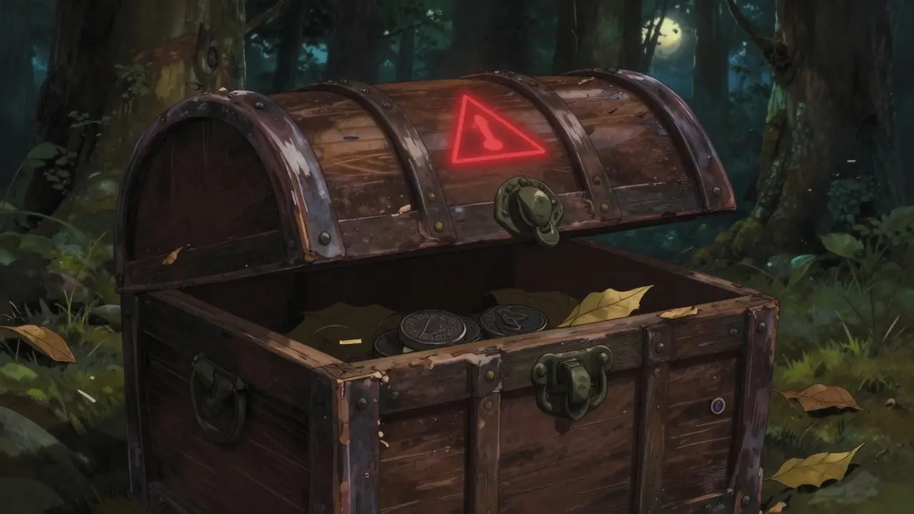 An empty treasure chest with a red warning sign in a dark forest, Ghibli style.