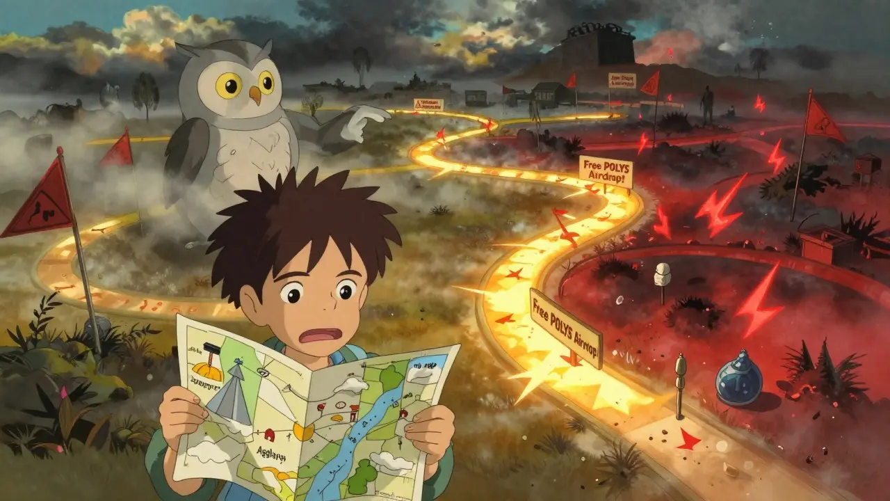 Anime character navigating confusing crypto airdrop paths with a wise guide.