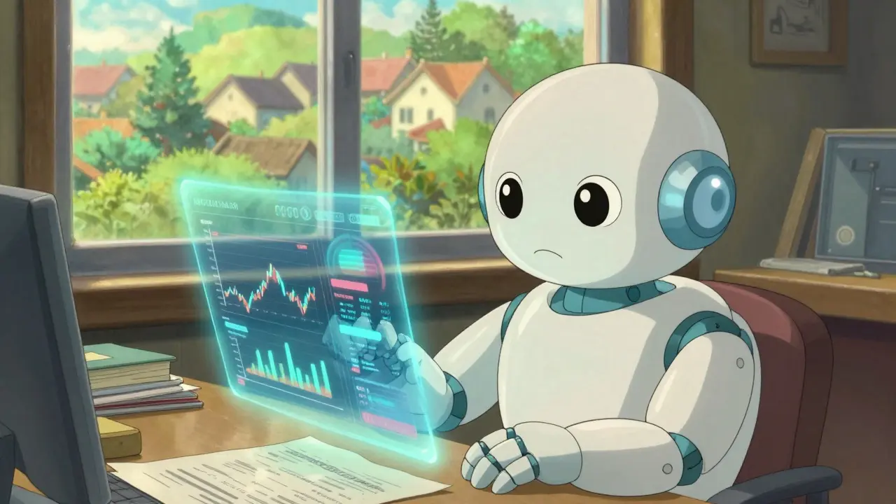 Anime-style AI robot assistant analyzing floating holographic market charts.