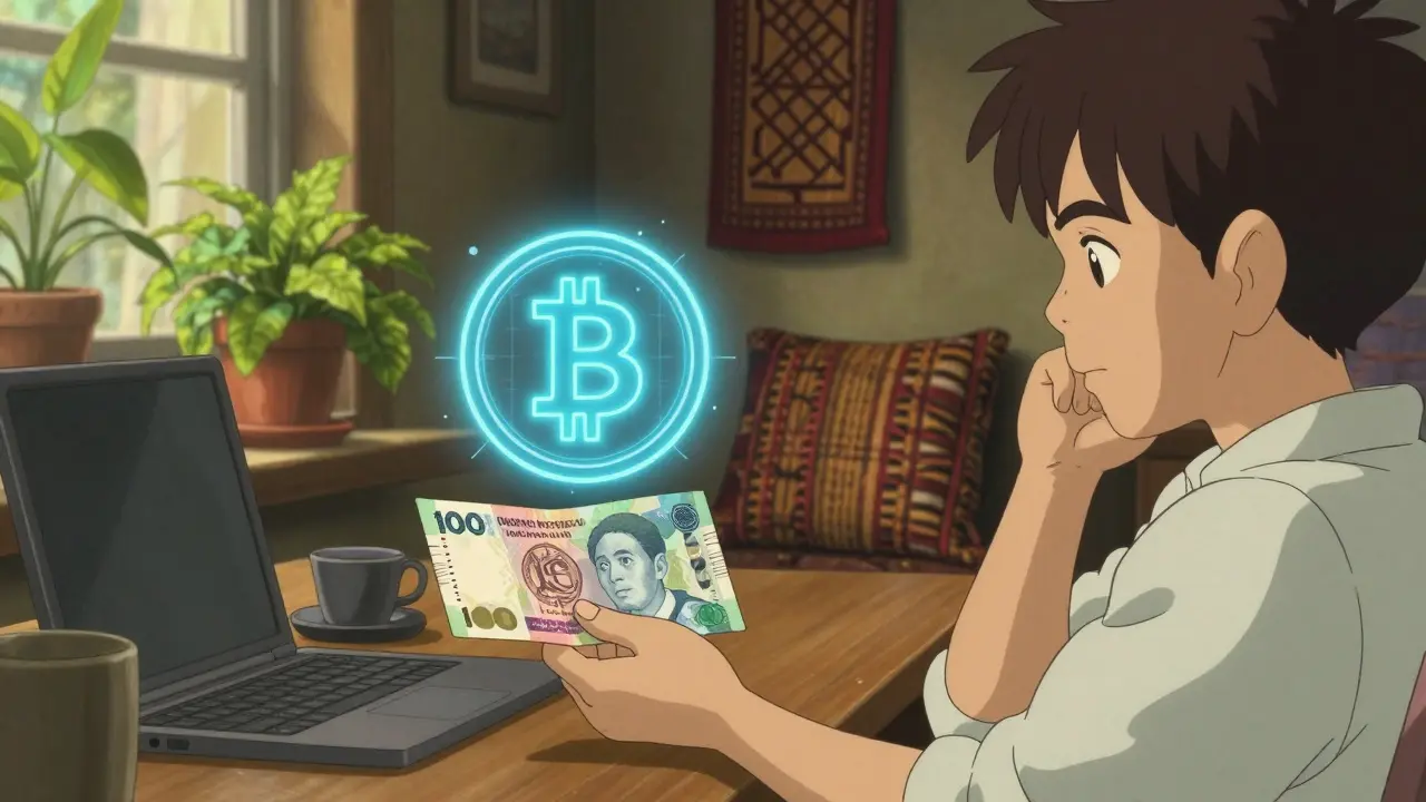 Anime-style scene showing Rupiah cash and floating Bitcoin, emphasizing investment rules.