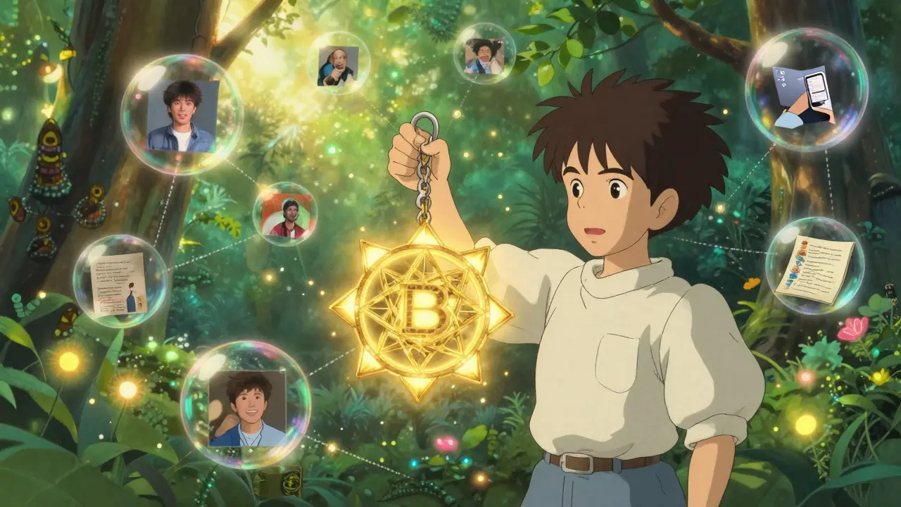 Artist holding glowing blockchain key with floating assets