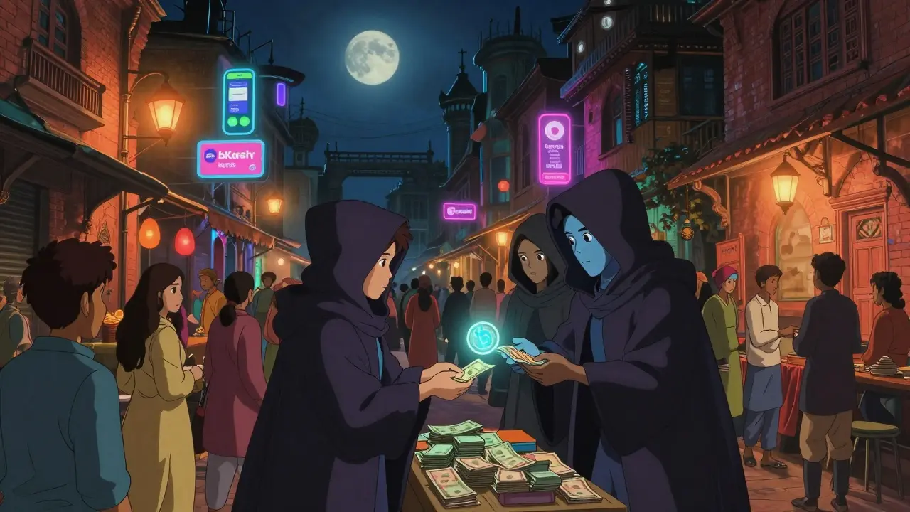 Bustling underground market where people trade cash for glowing crypto tokens in Ghibli style.
