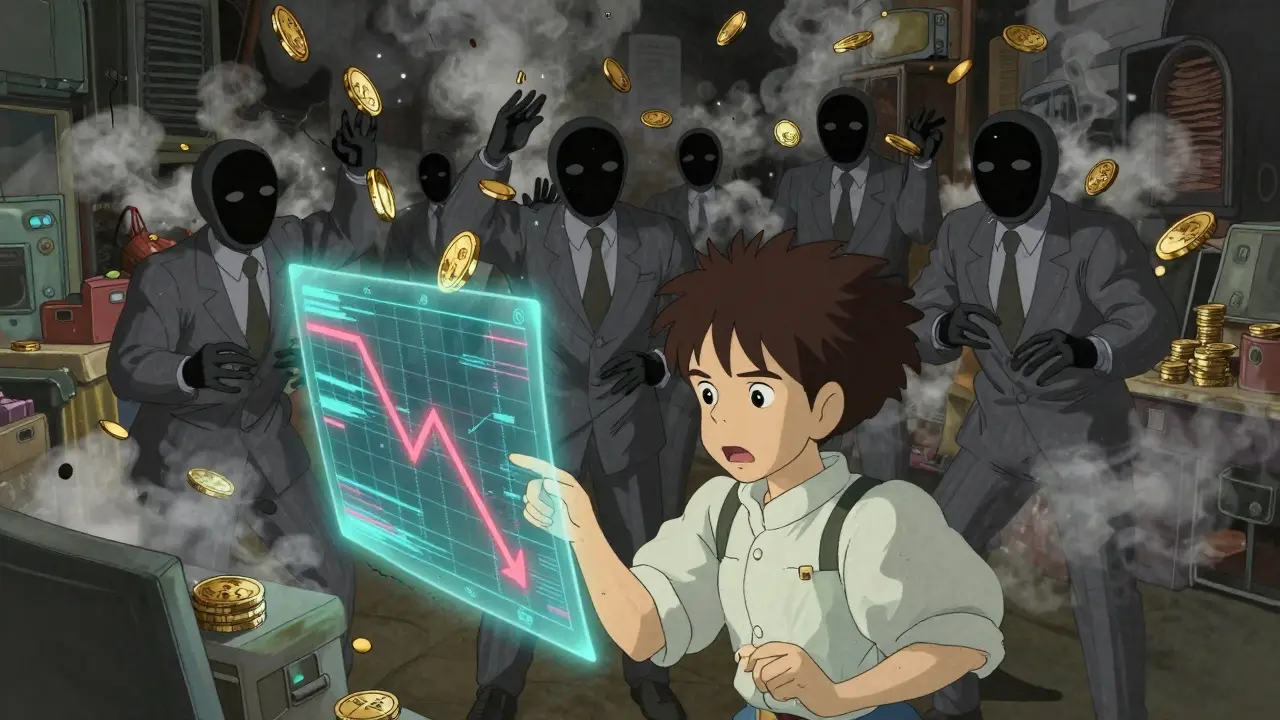 Chaotic market scene showing investors losing money to bot manipulation