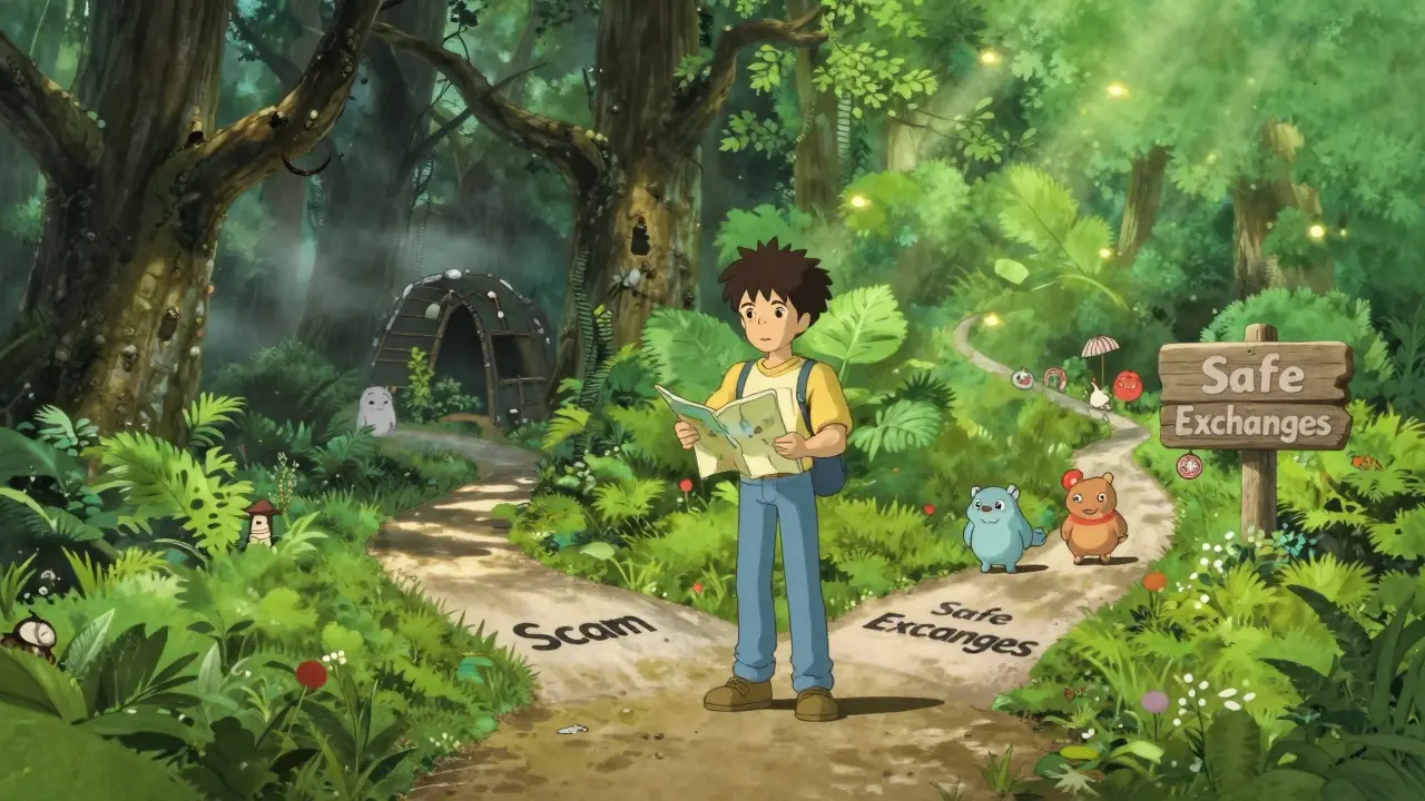Character choosing between scam and safe paths in anime style