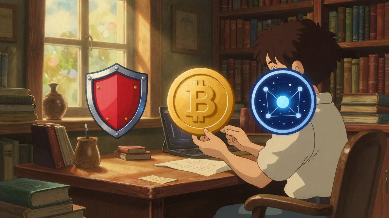 Character researching safe crypto exchanges in warm library