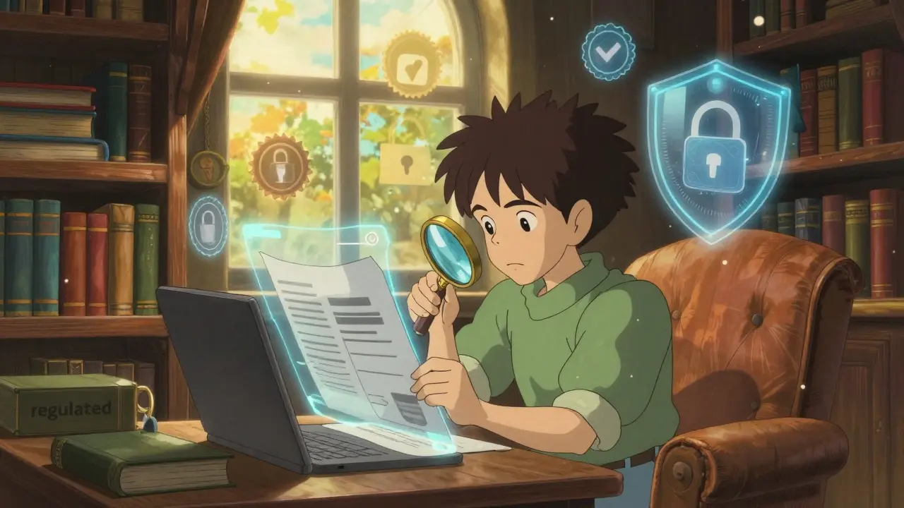 Character reviewing security documents in a warm, sunlit library in Studio Ghibli style