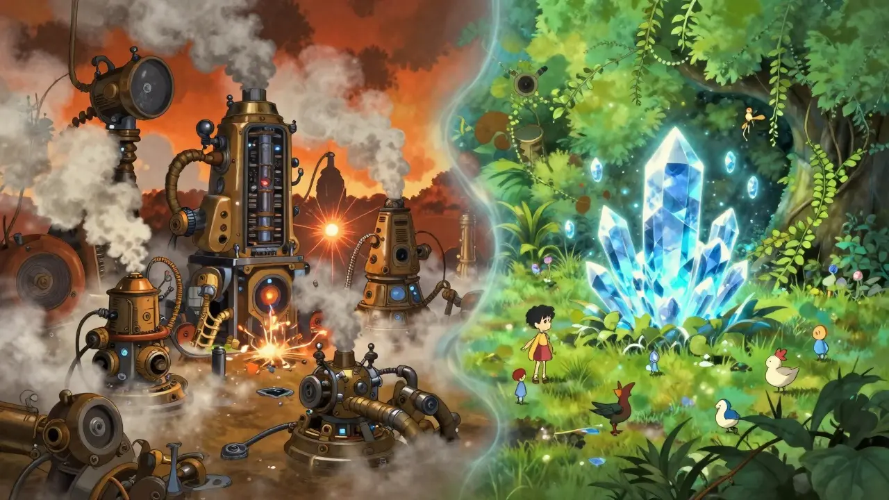 Contrast between dirty mining and clean crypto in anime art