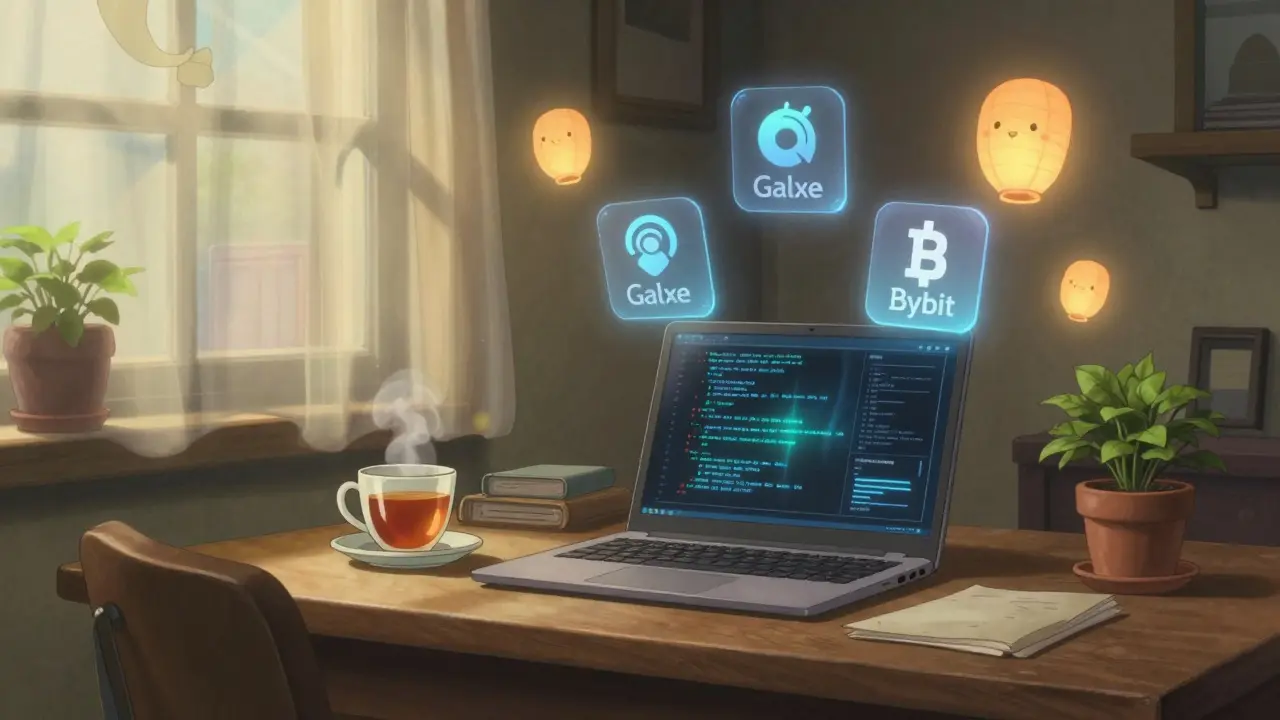 Cozy desk scene with floating crypto platform icons in Studio Ghibli style