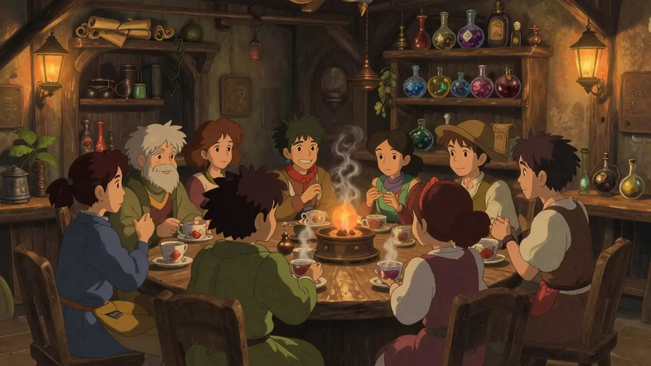 Fantasy villagers gathering in a cozy tavern, representing crypto gaming community