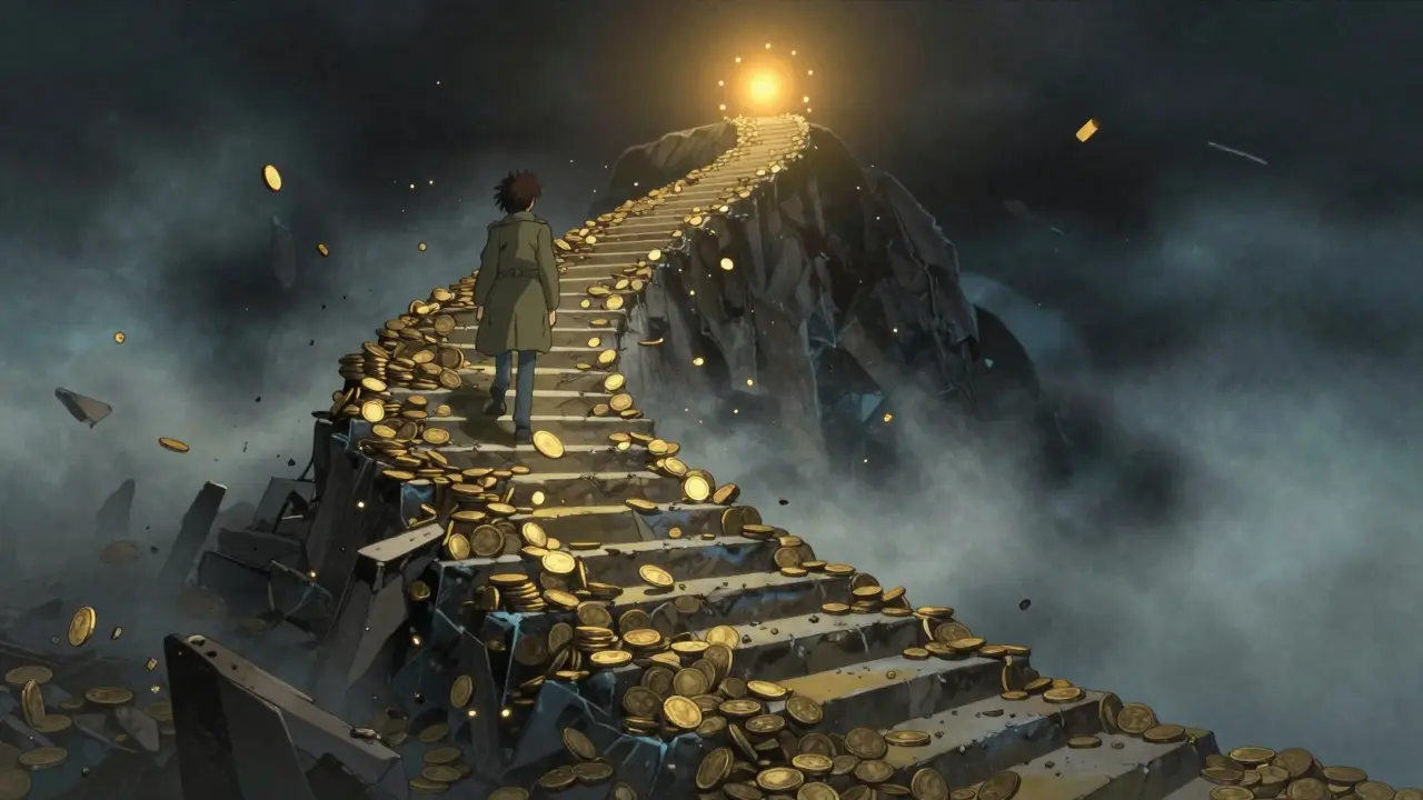 Figure walking down crumbling staircase of coins into foggy abyss
