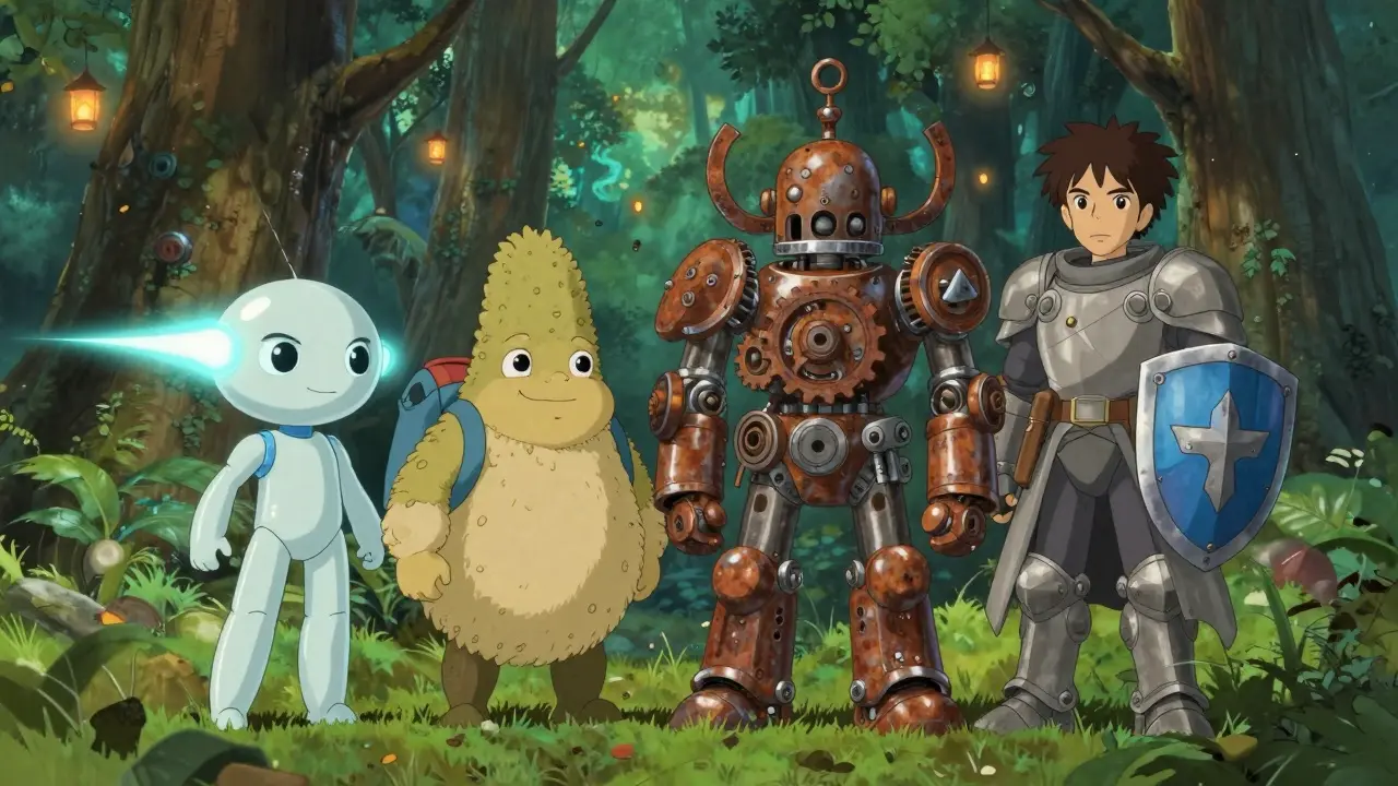 Four whimsical characters representing blockchain frameworks in anime style