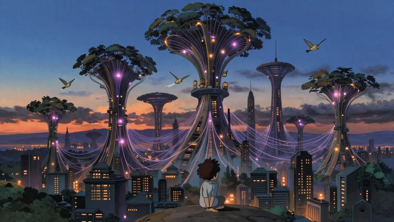 Futuristic organic cityscape with glowing data networks at twilight