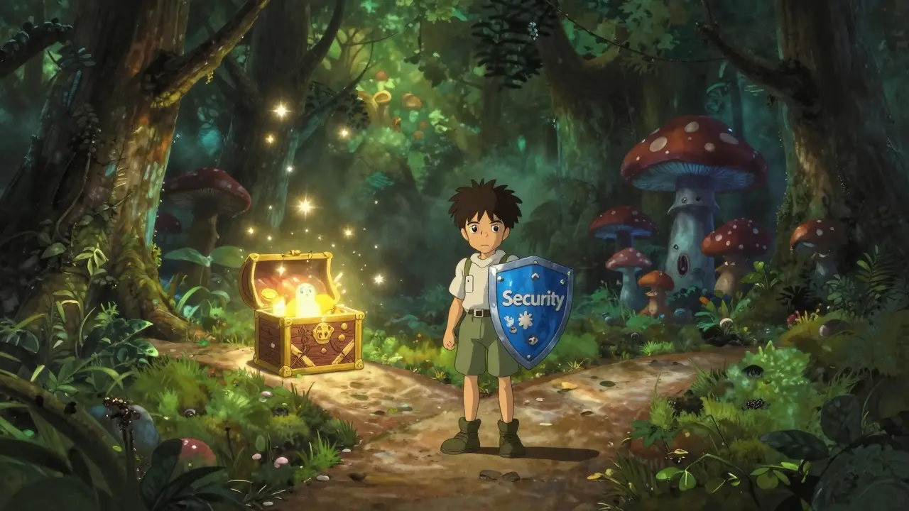 Ghibli-style character navigating a forest path with safe and risky choices.