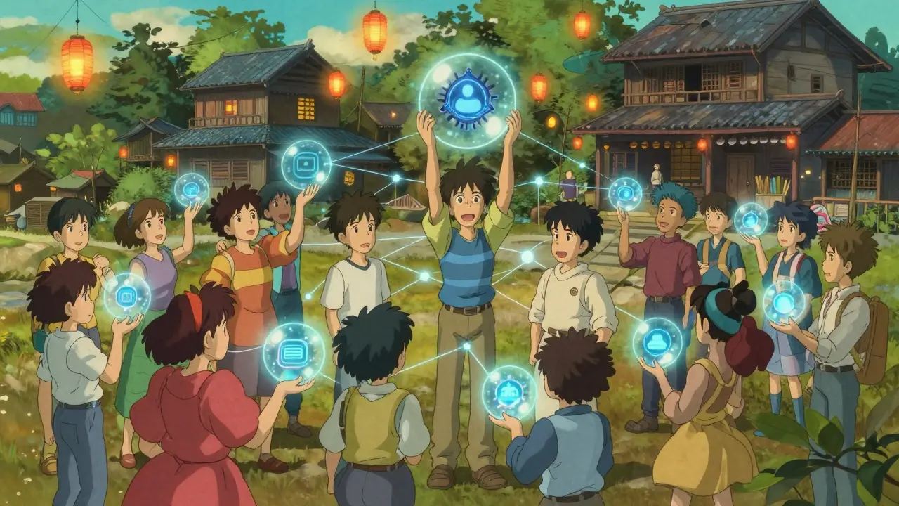 Ghibli-style community sharing data orbs in a village