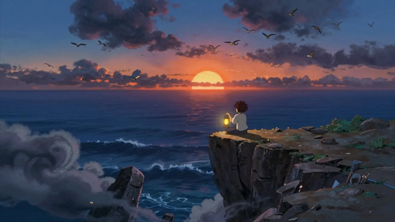 Ghibli-style figure holding a glowing lantern on a cliff overlooking a stormy sea