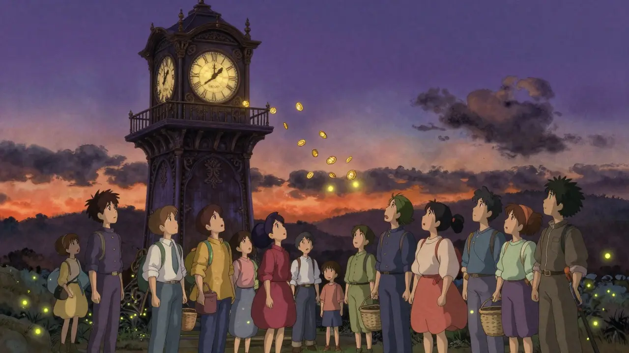 Golden tokens falling from clock tower at dusk