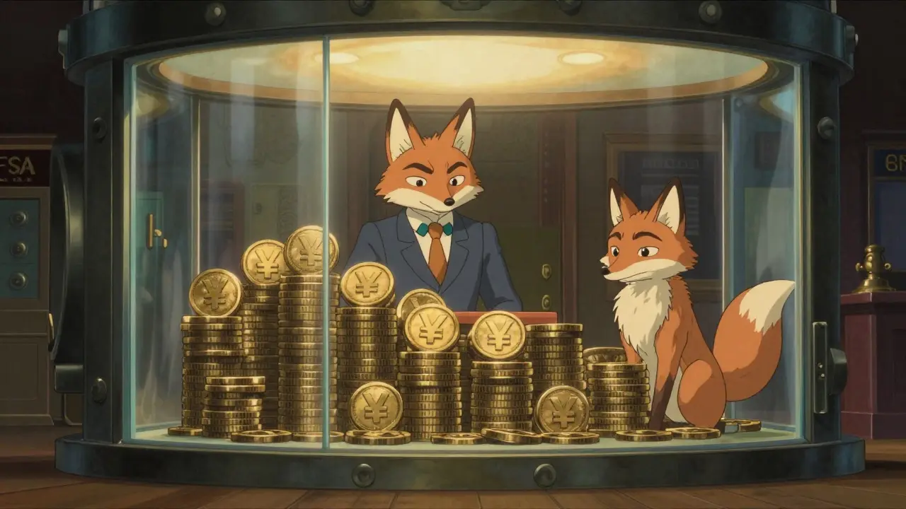 Guarded vault with yen coins and fox spirit in Studio Ghibli style