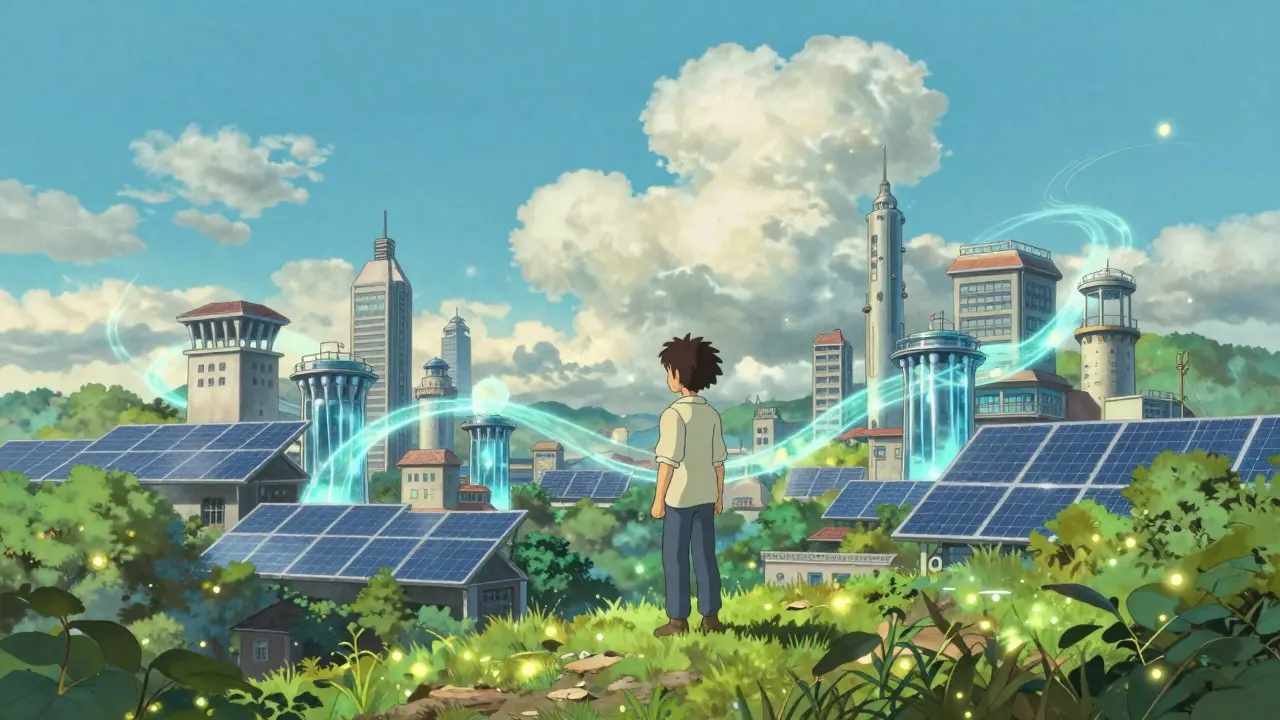 Hopeful green tech cityscape in Studio Ghibli style