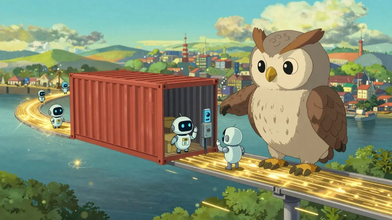 Magical Ghibli-style automated supply chain with robots