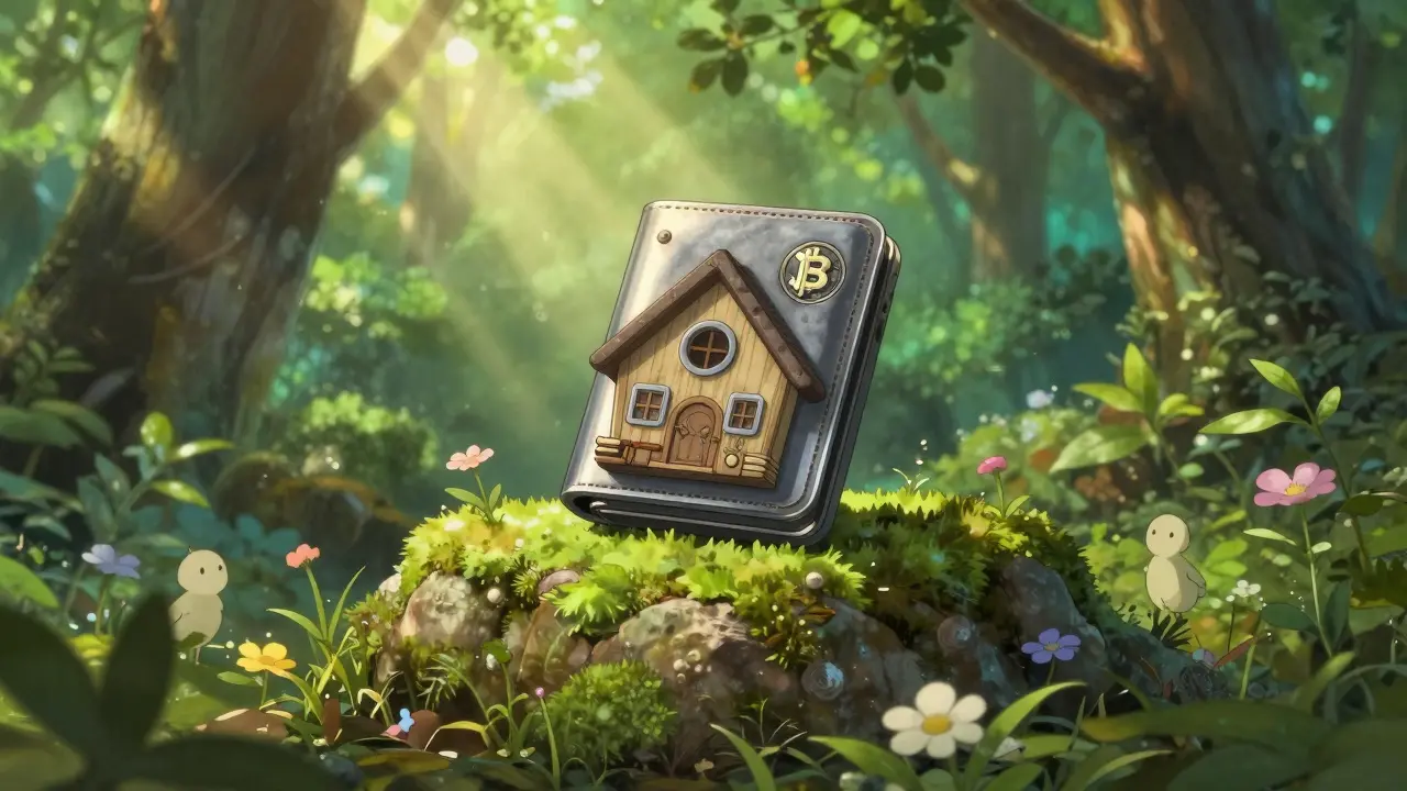 Magical hardware wallet on a stone pedestal in a serene forest in Studio Ghibli style