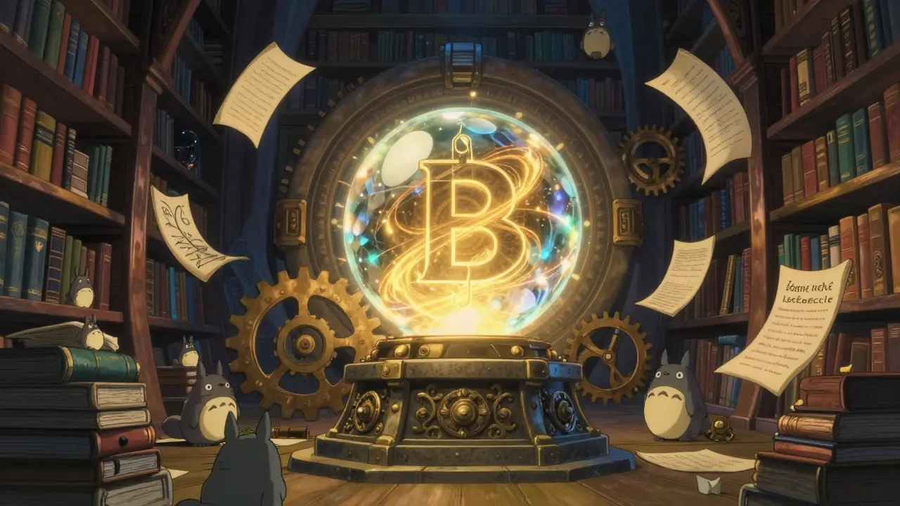 Magical library scene with glowing orb symbolizing secure blockchain