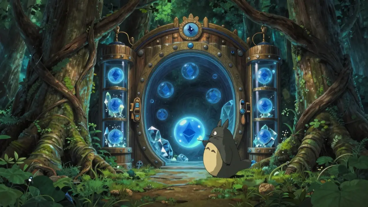 Mystical forest vault securing digital assets safely