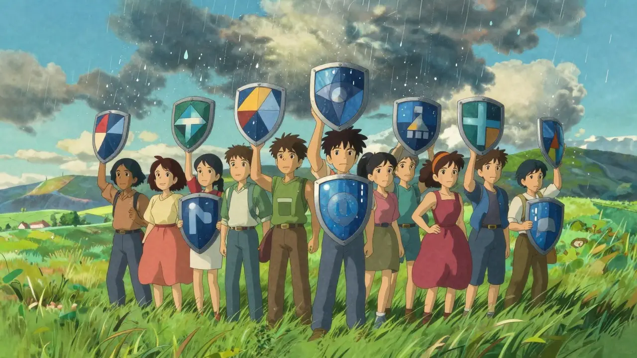 People hold encryption shields against binary rain in a vibrant Ghibli-style field.