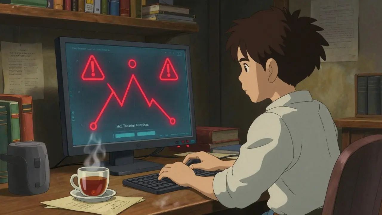 Person researching red flags on computer screen in cozy Studio Ghibli room