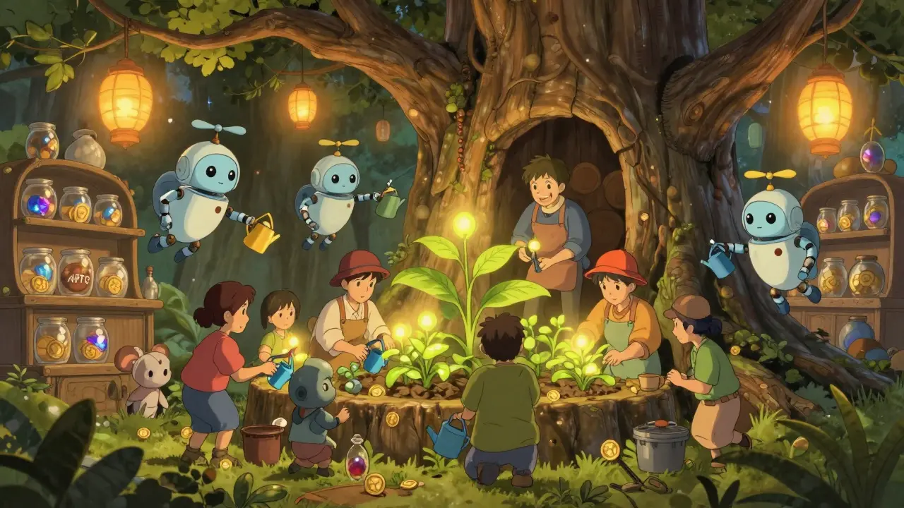 Robots tending glowing plants in tree marketplace