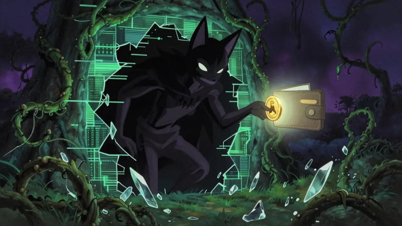 Shadowy spirit offering fake coin to a floating wallet in digital void