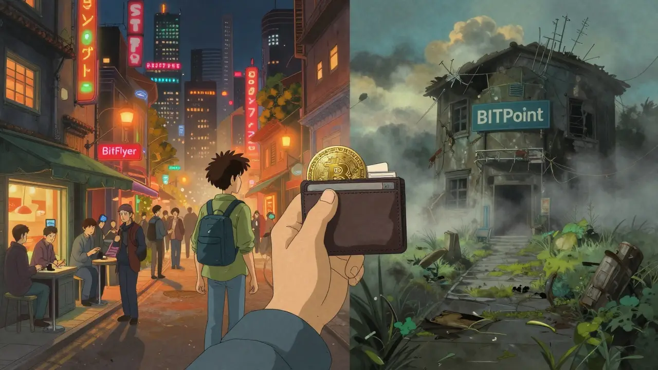 Split path showing active market vs dormant exchange in Ghibli style