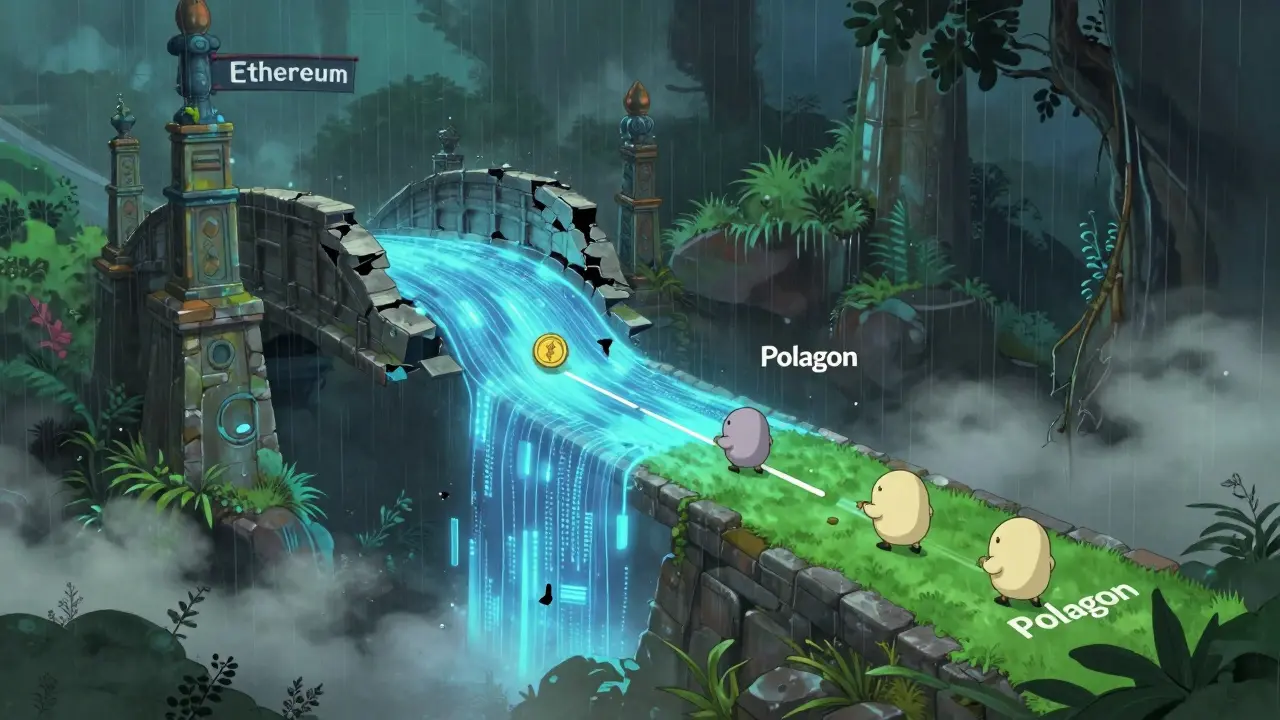 Tokens migrating between blockchains with spirits falling into mist in anime style.