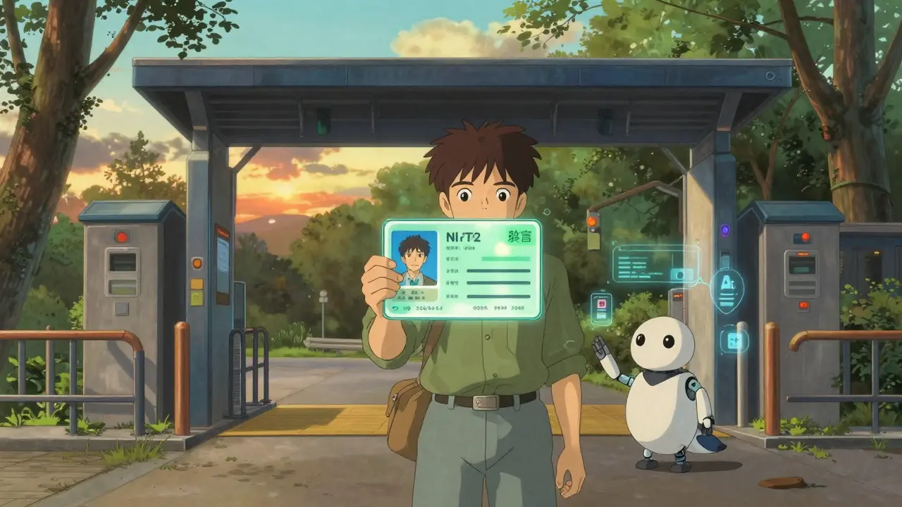 Traveler verifying dynamic NFT identity at a serene, nature-integrated border checkpoint