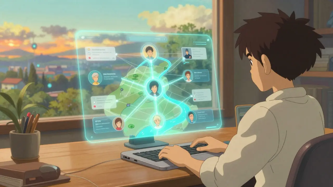 User viewing portable digital identity on holographic map