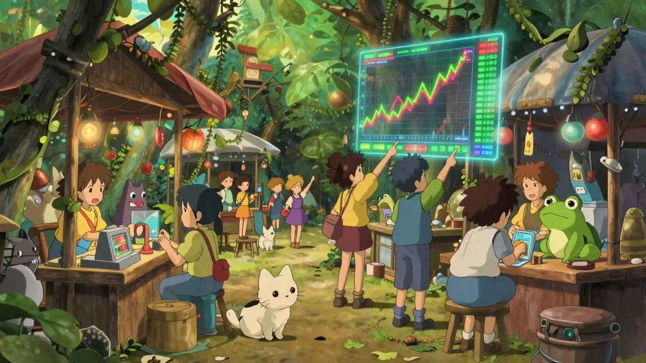 Whimsical fantasy marketplace with volatile crypto charts