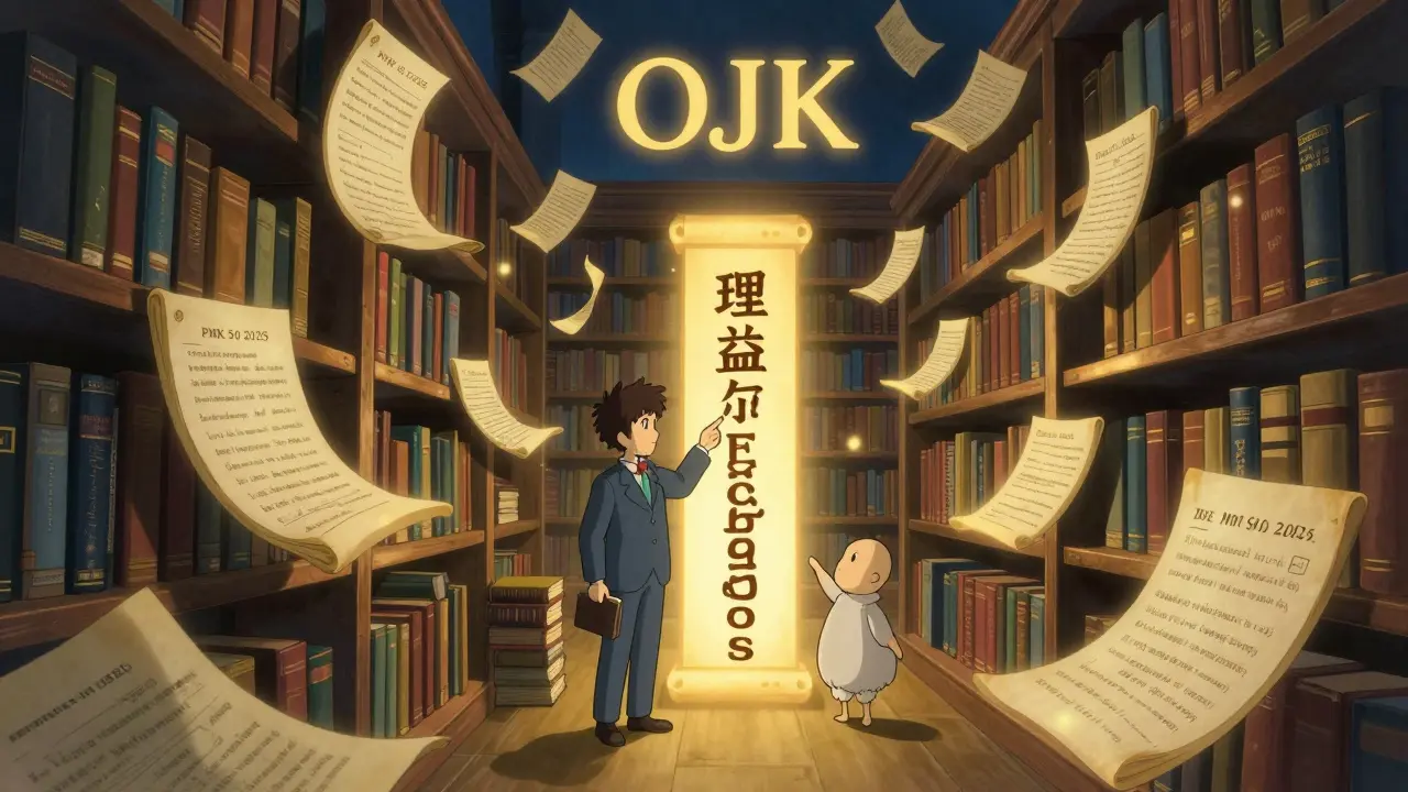 Whimsical Ghibli library scene symbolizing OJK regulations and compliant trading paths.