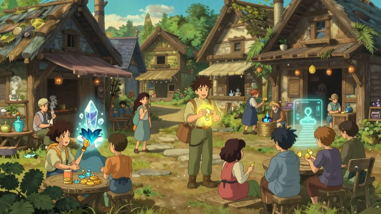 Whimsical Ghibli marketplace where characters trade digital items for gold tokens