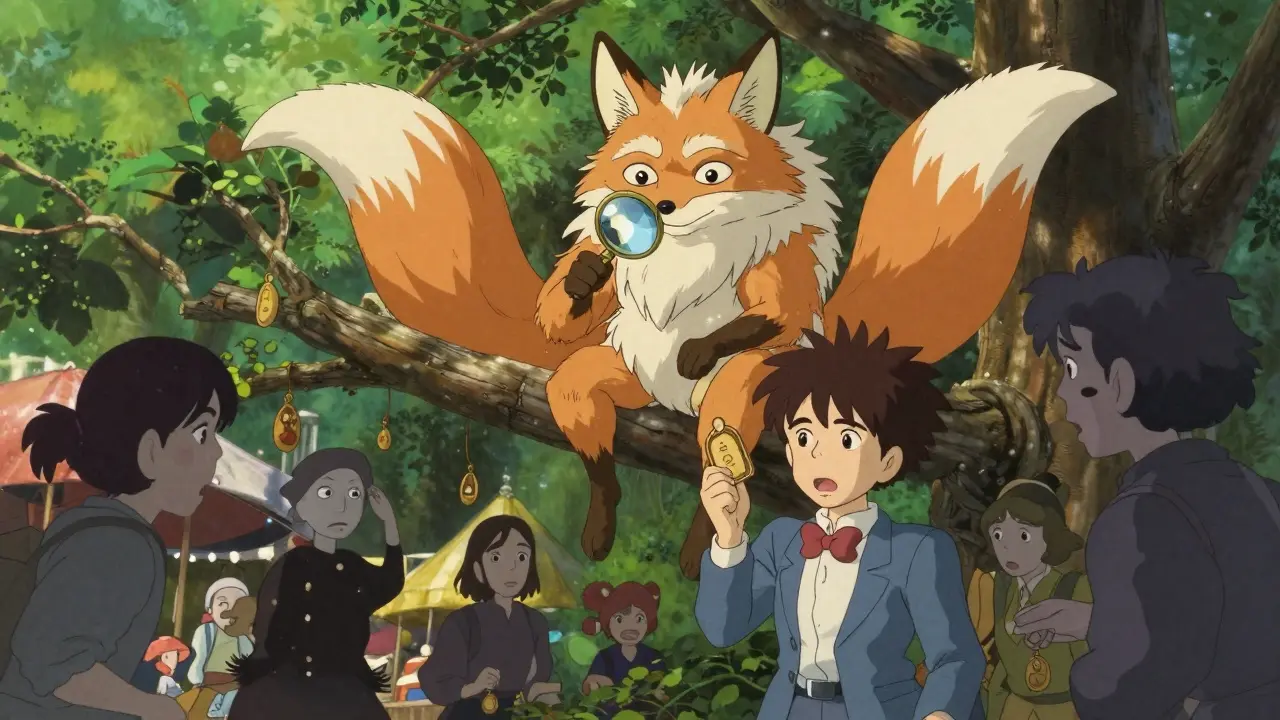 Wise fox spirit inspecting a fragile token while shadowy figures swirl below