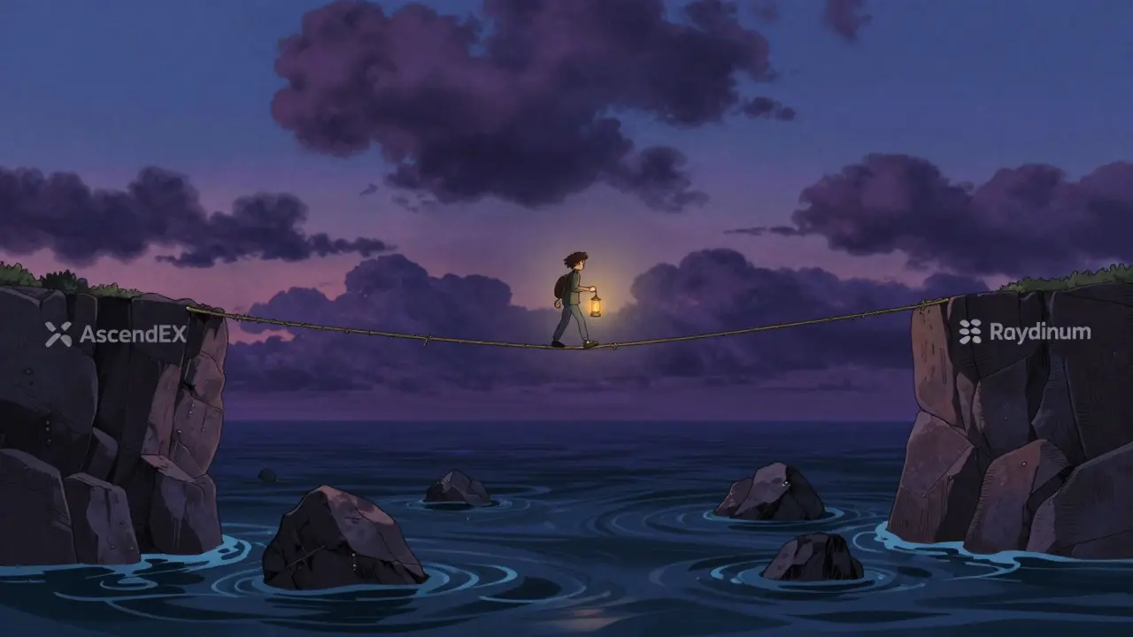 A figure balancing on a fraying tightrope over dark, swirling waters