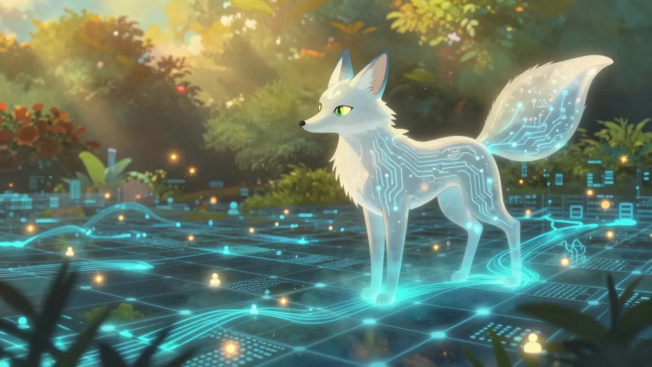 A mystical AI spirit analyzes data flows to detect anomalies in a serene digital forest.