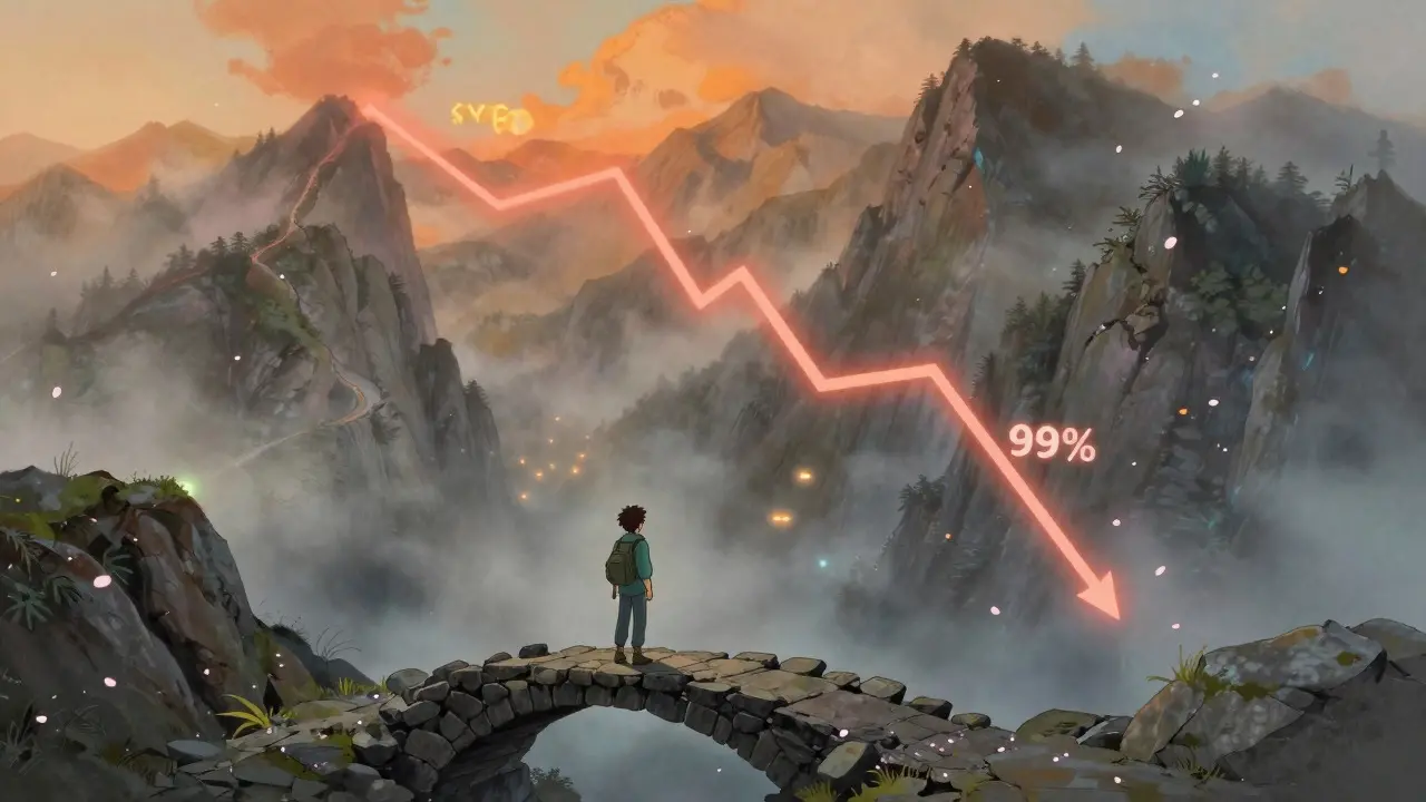 A traveler on a misty mountain path overlooking a valley of fading lights