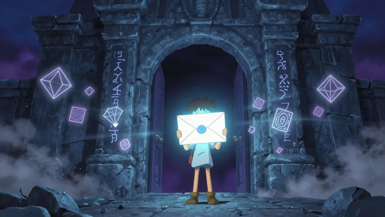 A traveler presents a glowing sealed proof to a gatekeeper, ensuring private access.