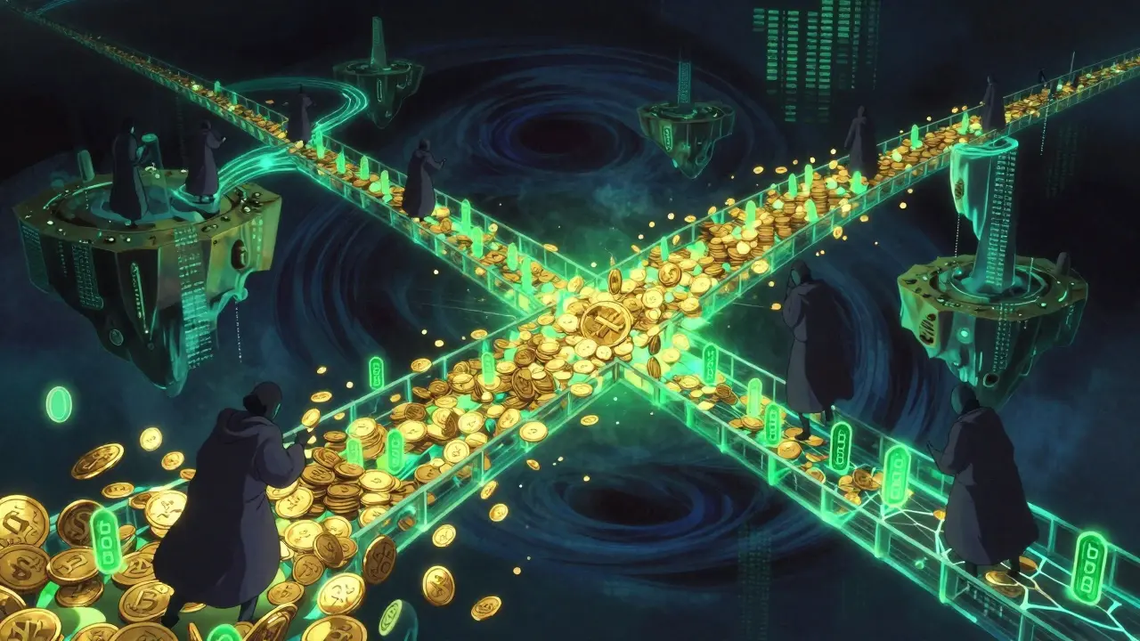 Abstract visualization of crypto money laundering through digital bridges