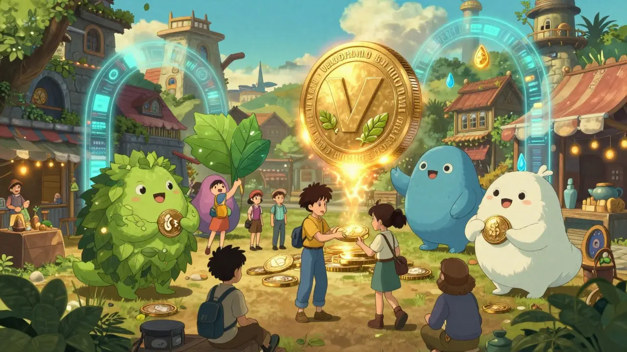Anime art of a vibrant marketplace where users trade yield-bearing tokens with spirit guides.