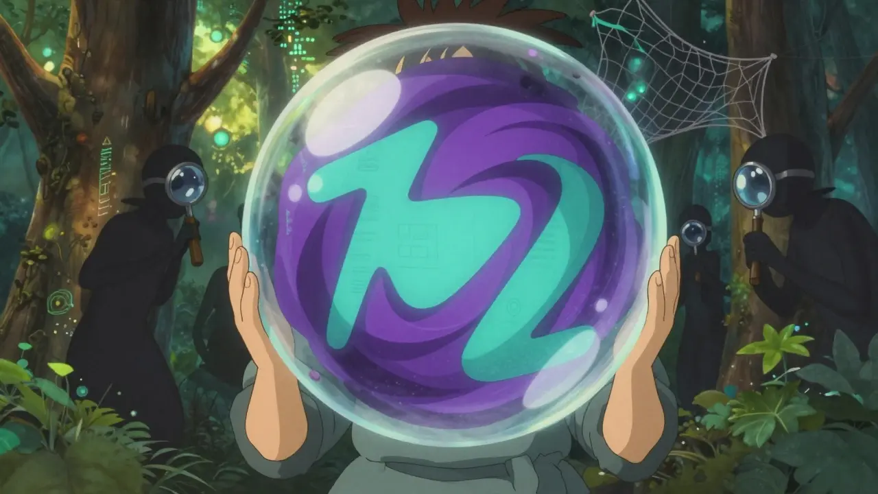 Anime character holding a magical privacy shield against shadowy surveillance figures in a data forest