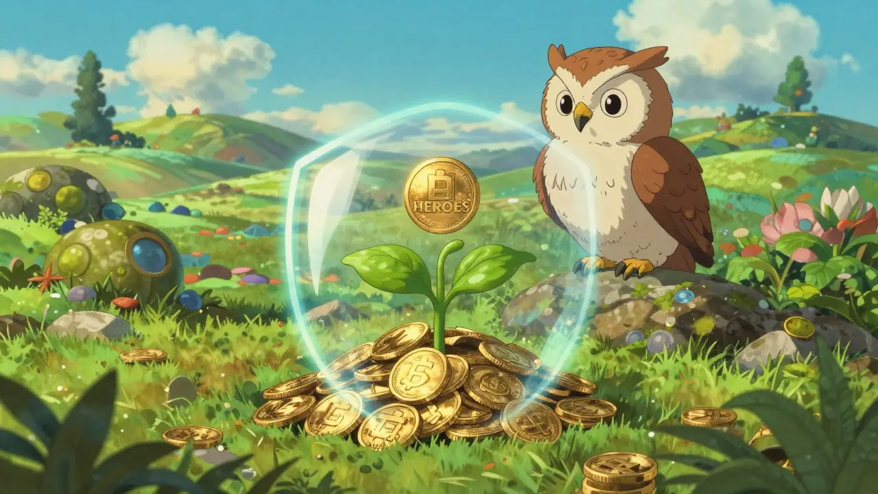 Anime style glowing shield protecting growing crypto token plant