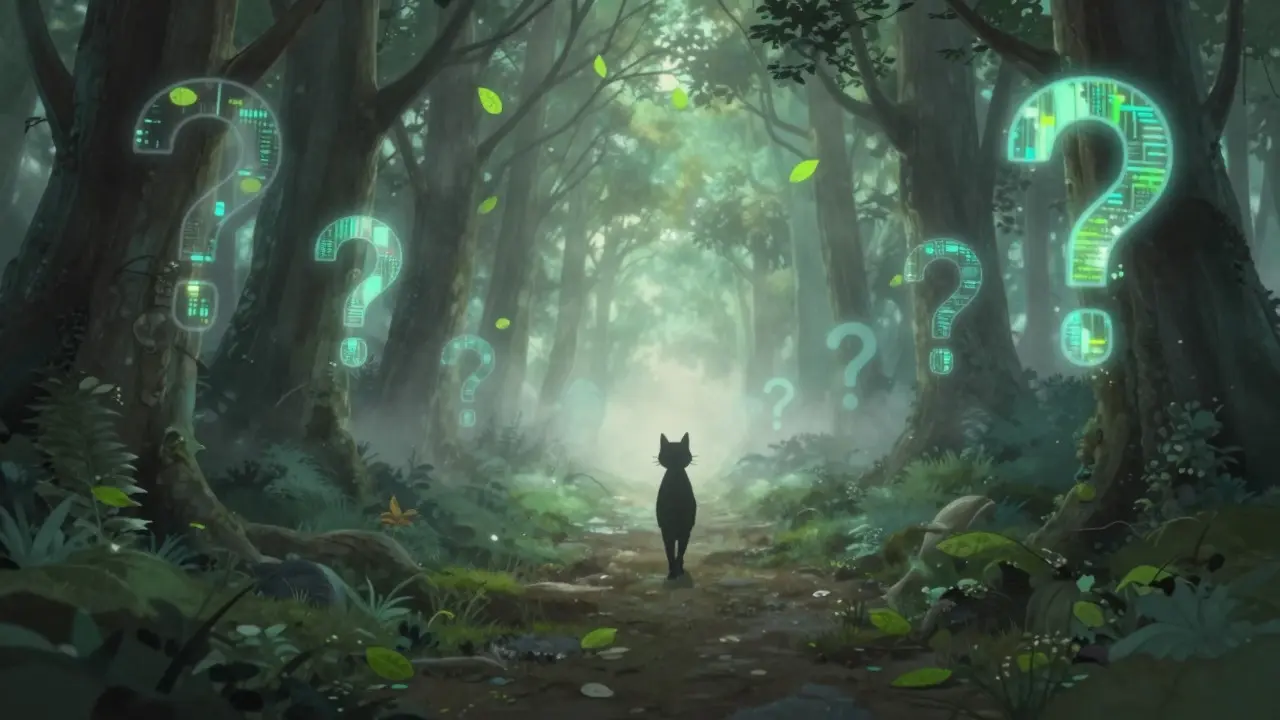 Cat walking on a foggy path with digital symbols, representing uncertainty