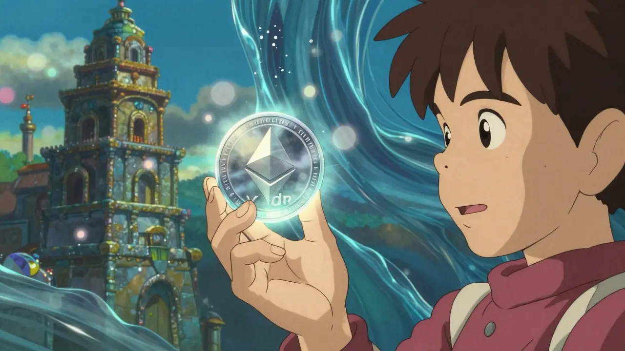 Character holding a glowing crystal coin symbolizing crypto tokens in a dreamy landscape