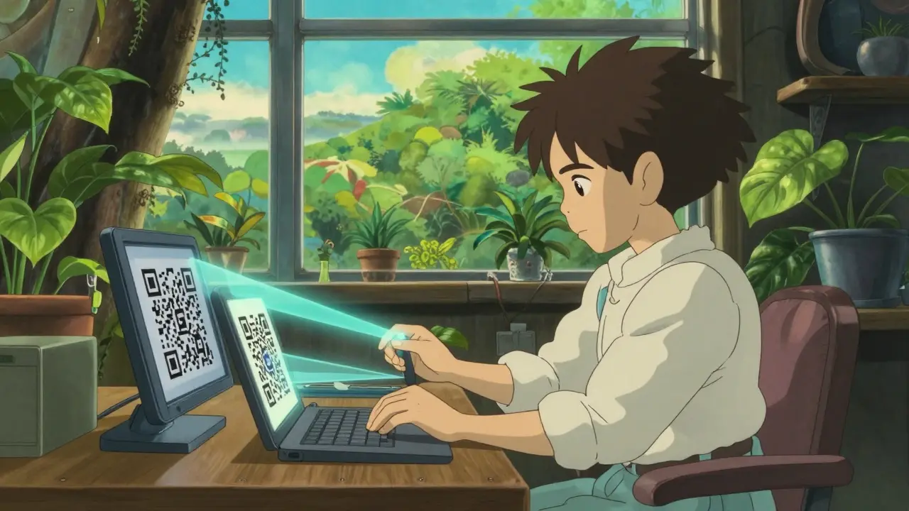 Character scanning QR codes between devices in a serene, plant-filled Ghibli workspace