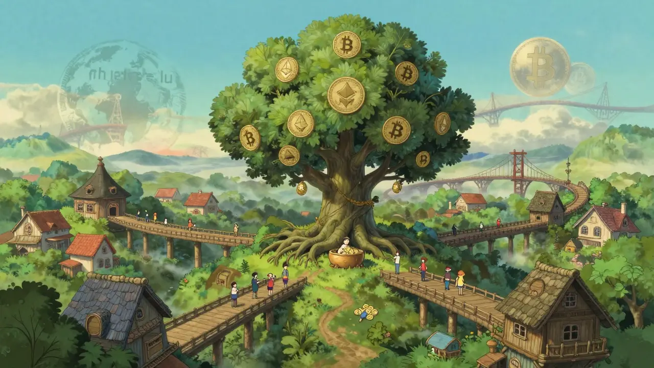 Community gathering around a governance tree in a Ghibli style village